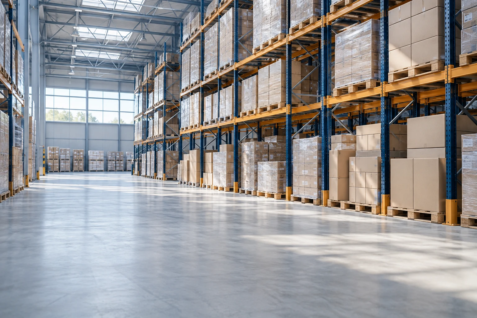 Rayonnages et palettes de marchandises dans un entrepôt organisé